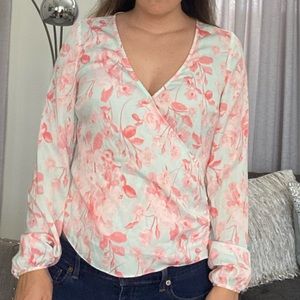 Guess Satin Floral Baby Pink and Blue wrap long sleeve Blouse
